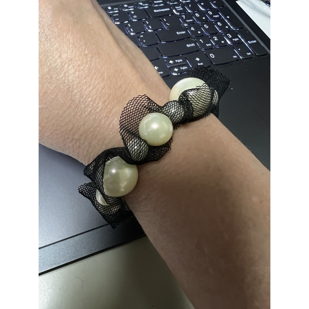 Faux Pearl‎ Black Mesh Ruffle Statement Stretch Bracelet Gothic Avant Garde